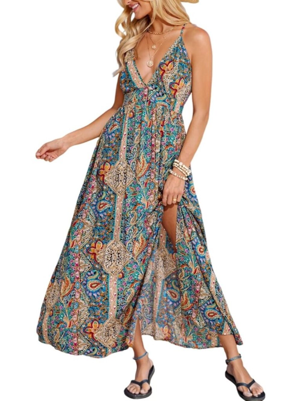 Women's Blue V Summer Dress Floral Paisley Backless Spaghetti Strap Side